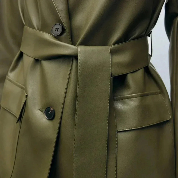 Army Green Elegant Women's Front Button Pocket Belted Long Sleeve Blazer Jacket - Picture 6 of 8